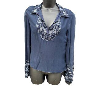 VTG 90s Women Beaded Top Small Blue Sheer Boho Gypsy Whimsigoth India Collared